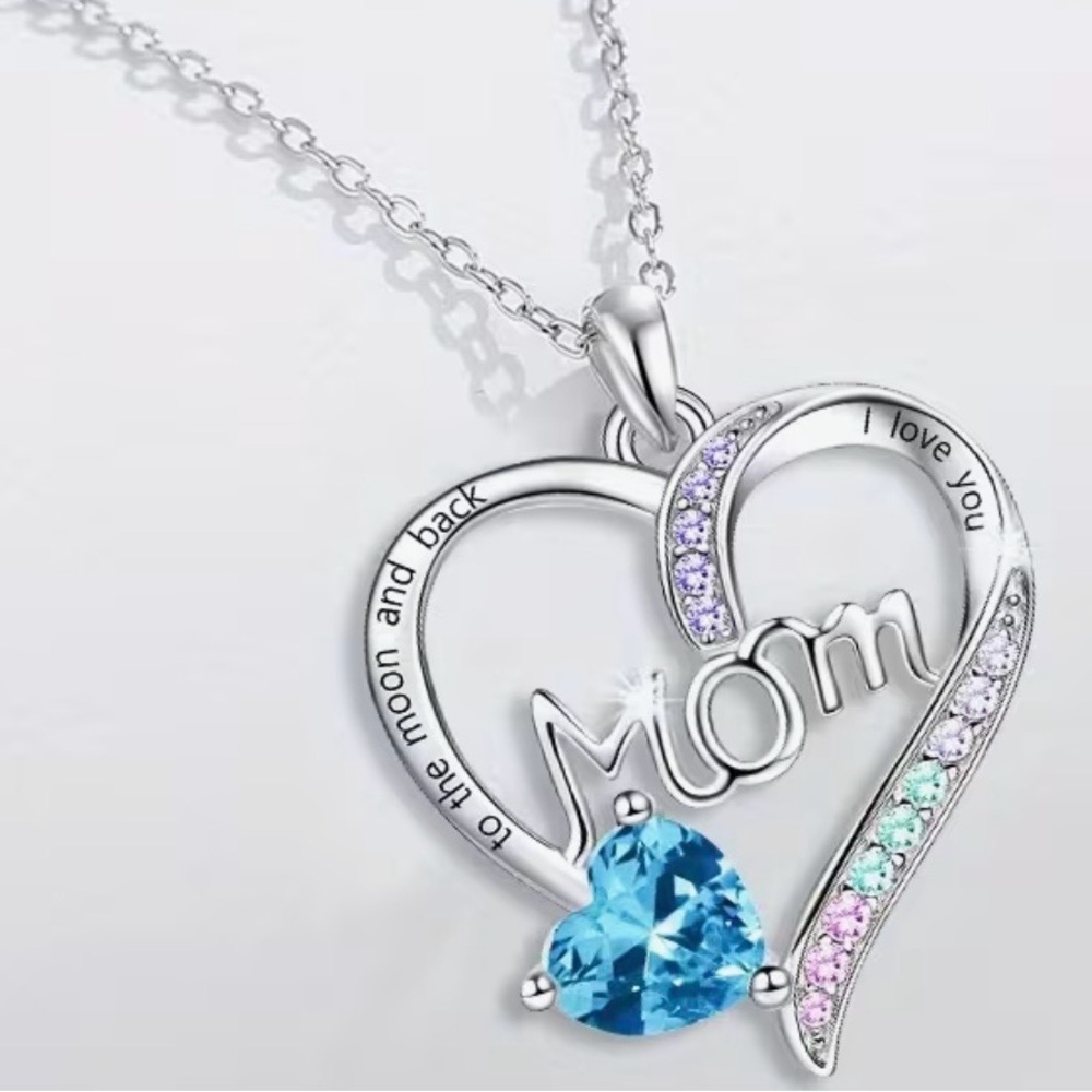 Silver Heart Mom Necklace with Blue and Multicolor Accents